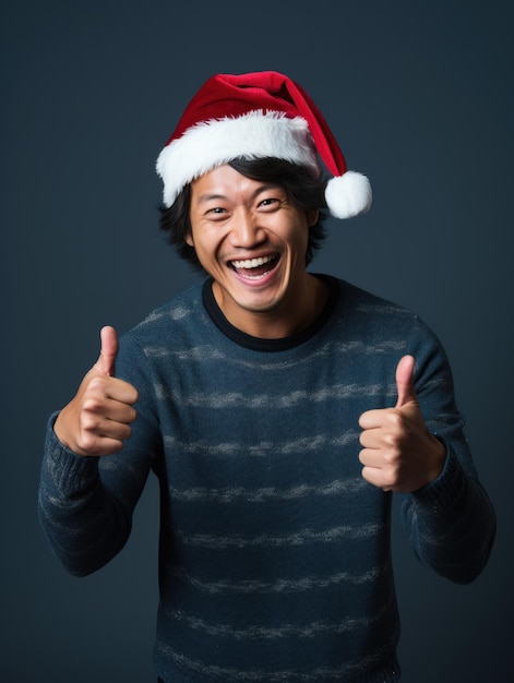 Smiling asian man wearing santa hat and pointing thumbs up isolated on dark background