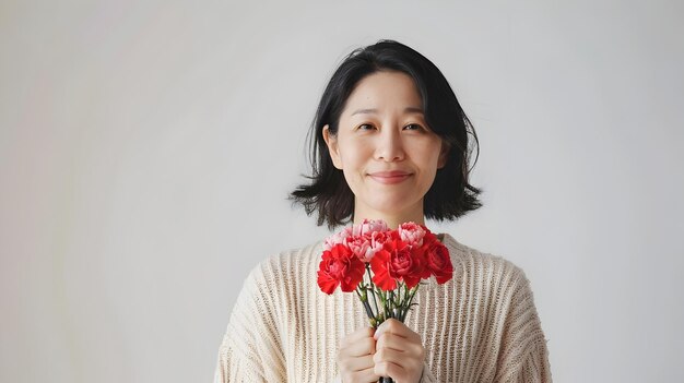 Smiling Asian Mother Holding Carnation Flowers in Front of White Background