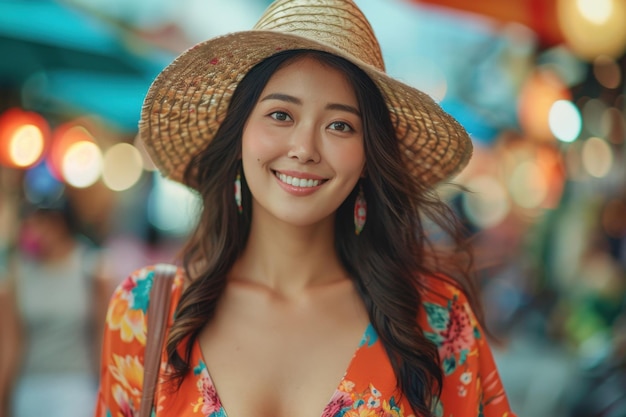 Smiling Asian Woman at Caf Terrace in Chic Summer Dress