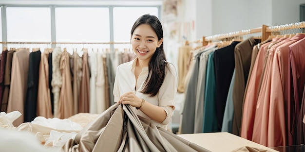 Smiling Asian woman Choose and try on clothe in the Tailor shop Fashion designer standing in clothing In order to repair service for customers Concept Profession Dressmaker designer