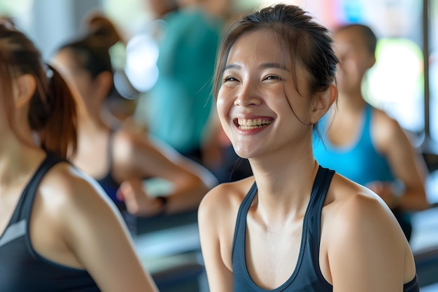 Smiling Asian Woman Enjoying Laughter and Fitness with Friends in Group Workout Class