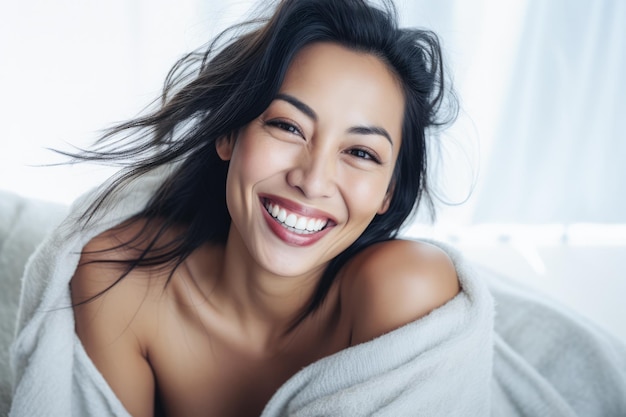 Smiling Asian woman at her home with a positive mood