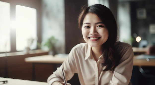 Smiling asian woman sitting in office working on creative project portrait of cheerful young female interior designer or architect expressing pleasant emotions as achieves great results and goals