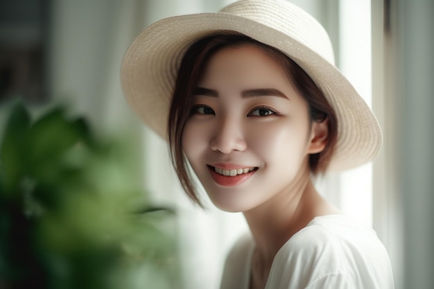 Smiling asian woman wearing hat