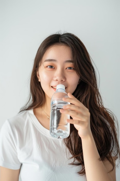 Smiling asian woman with long hair holding a water bottle dressed in a white tshirt against a plain