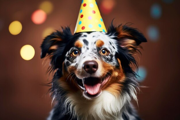 Smiling Australian Shepherd in Party Hat with Festive Background