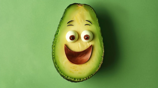 A smiling avocado half with googly eyes and a red mouth on a green background