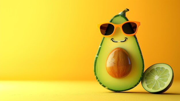 Photo a smiling avocado wearing sunglasses stands beside a lime slice on a yellow background