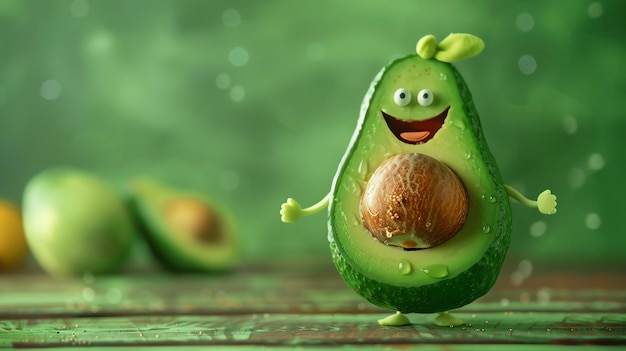 Smiling avocado with a pit and a leafy stem