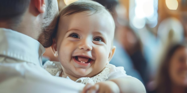 A smiling baby being held by a godparent during the baptism ceremony