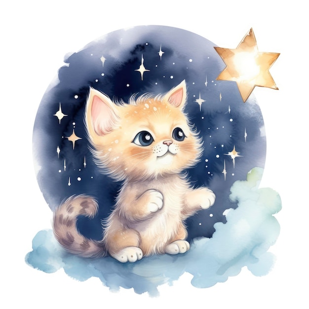 A Smiling Baby Cat on a Cloud at a Starry Night Trying