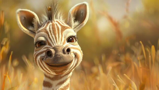 Photo smiling baby giraffe in a golden grassland during sunset