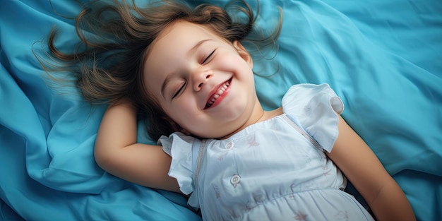 Photo smiling baby girl lying on a bed sleeping on blue sheets