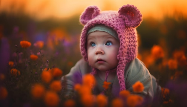 Smiling baby girl playing in colorful autumn meadow pure happiness generated by AI