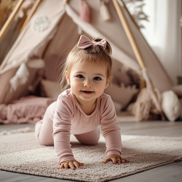 Photo smiling baby girl playing sitting on the floor in white clothes in a bright childrens room at home