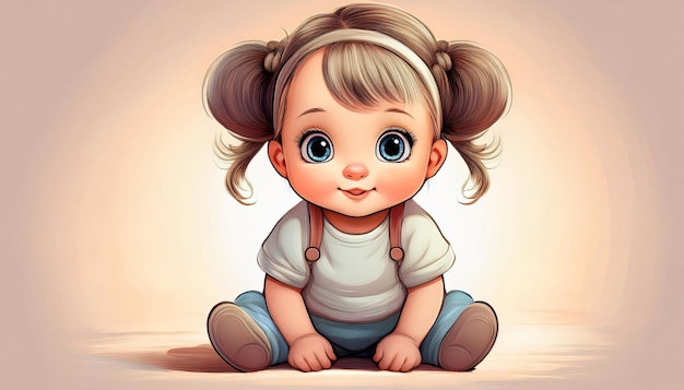 Smiling baby girl with adorable big blue eyes sitting on the floor