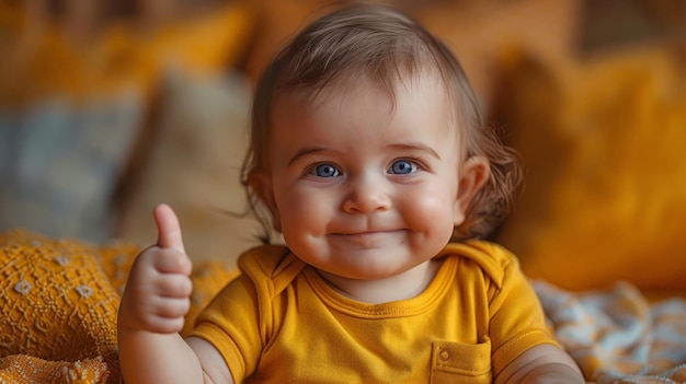 Smiling Baby Giving Thumbs Up on Bed