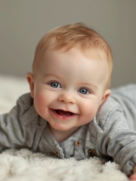 Smiling Baby with Blue Eyes in Cozy Gray Outfit