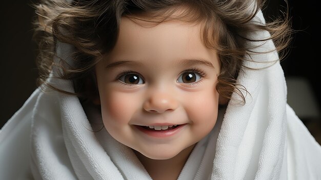 Smiling Baby Wrapped in White Towel CloseUp Portrait