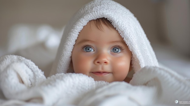 Smiling Baby Wrapped in White Towel CloseUp Portrait