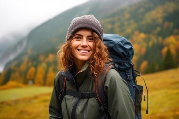 Smiling Backpacker Amidst Foggy Mountain Beauty