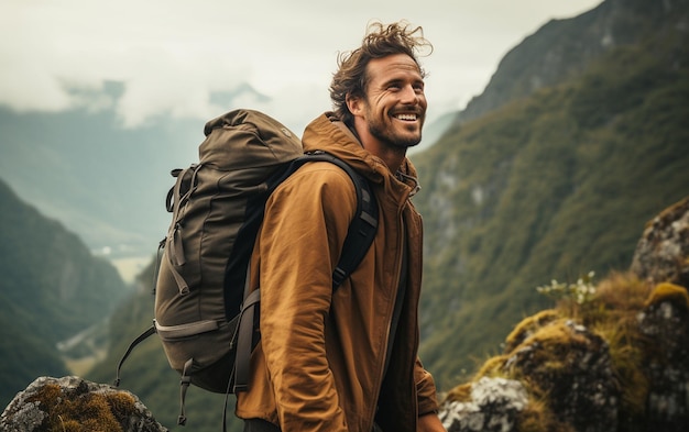 Smiling Backpacker Portrait of a Joyful Man Generative By Ai