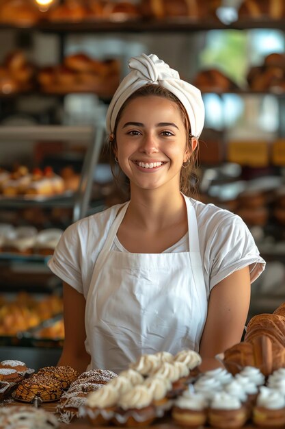 Smiling baker woman white uniform bakery setting fresh pastries