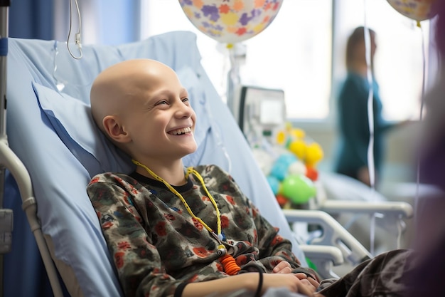 Smiling Bald Boy in a Cancer Hospital Bed AI