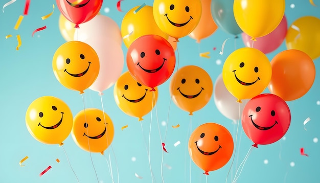 smiling balloons floating joyfully in festive celebration atmosphere isolated with white highlights