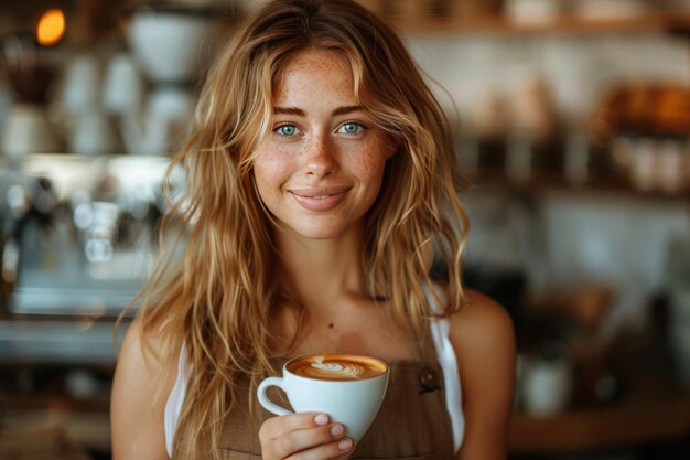 Smiling barista with freckles holding a cup of latte with latte art in a cozy cafe