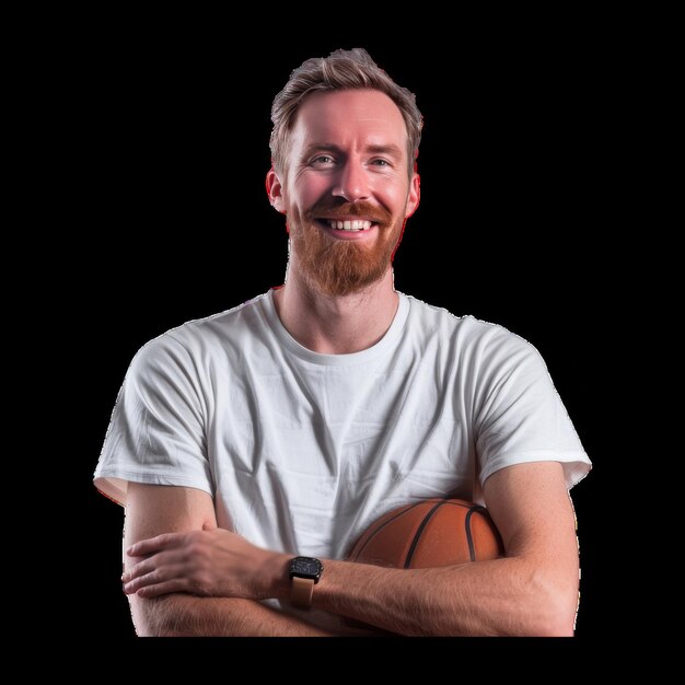 Photo smiling basketball player posing with a ball indoors