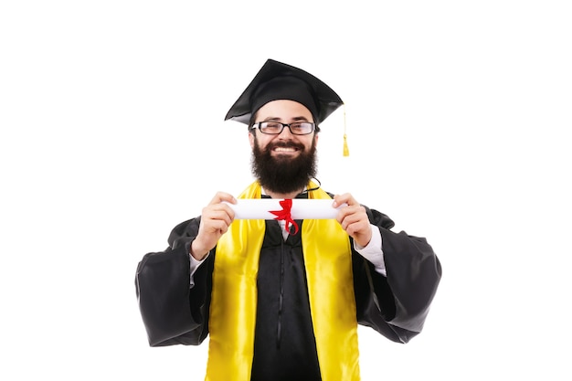 Smiling bearded graduate with diploma