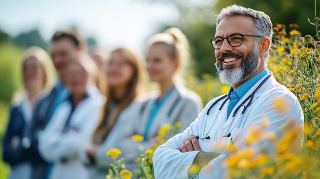 Photo smiling bearded male doctor in white coat with colleagues in lush green outdoor setting