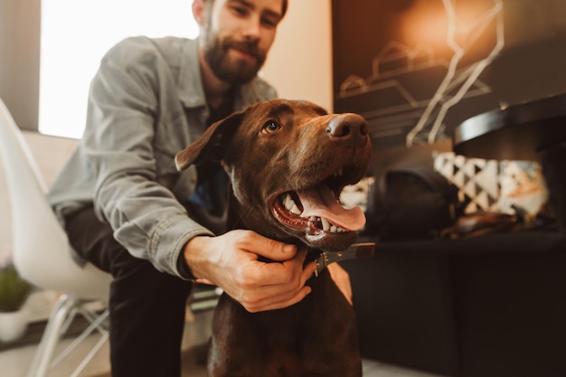 Smiling bearded man stroking beautiful dog close up