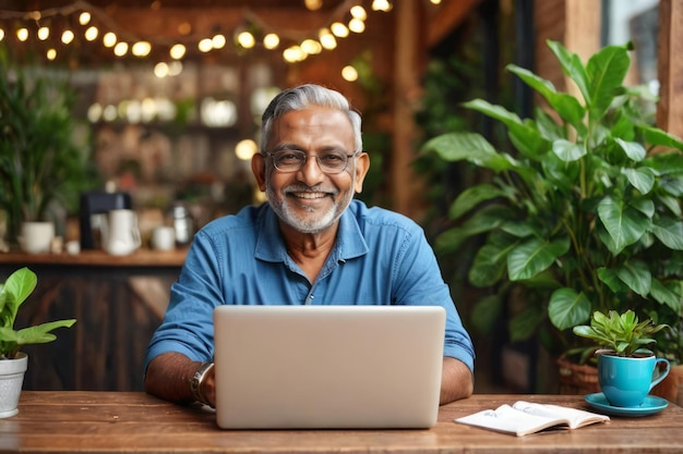 Smiling bearded senior Indian man with eyeglasses and gray hair using laptop on table at coffee shop