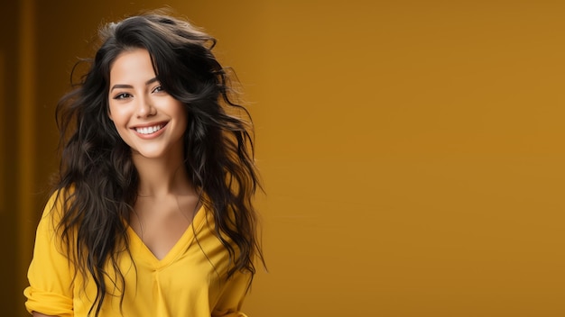 Smiling beautiful asian woman with long wavy hair wearing yellow blouse against orange background