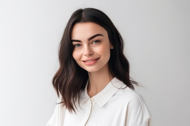 Smiling beautiful brunette posing on a white wall young woman is standing at blank wall