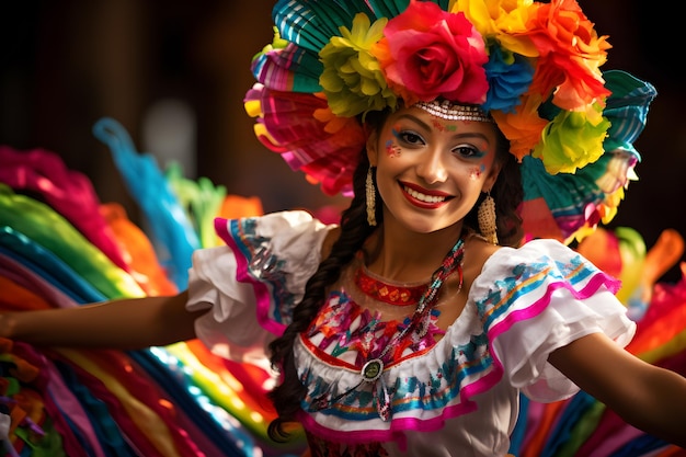 Smiling beautiful of dancer woman celebrating Hispanic Heritage Month folk Mexican hat dance culture