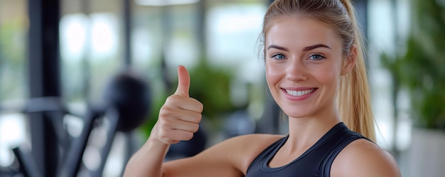 Photo smiling beautiful fitness woman showing thumbs up in gym