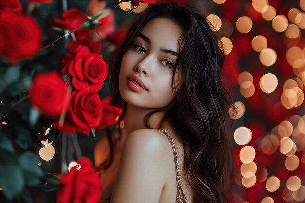 Not smiling Beautiful girl holding a bouquet of red roses in her hands on Valentines day