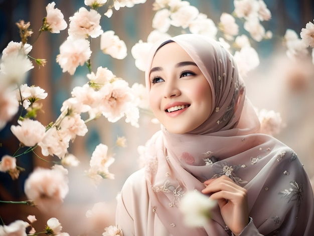 Smiling beautiful Muslim woman in hijab with flowers eid mubarak Ramadan concept