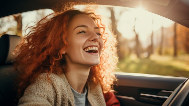 Smiling beautiful redhaired woman driving a car A young traveler during a car trip