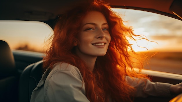 Smiling beautiful successful redhead woman driving a new car went on a car trip at sunset