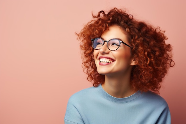 smiling beautiful young redhead curly woman in glasses and blue sweater on pink background