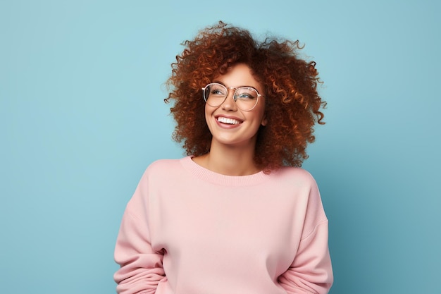 smiling beautiful young redhead curly woman wearing glasses and pink sweater on light background