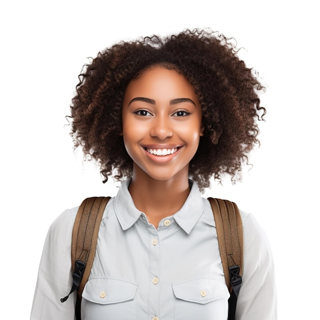 Smiling Black Female University Student Celebrating Academic Success on white Background college