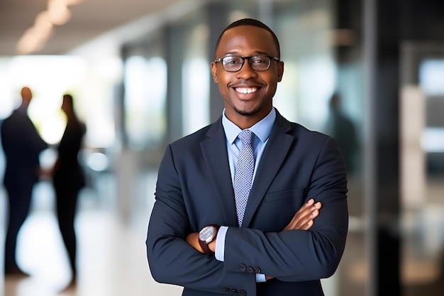 smiling black man in suit and tie standing in a hallway Generative AI