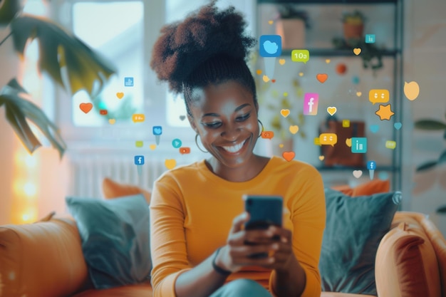 A smiling Black woman sits on a couch at home and uses her smartphone while colorful social media icons float around her representing online engagement Generative AI