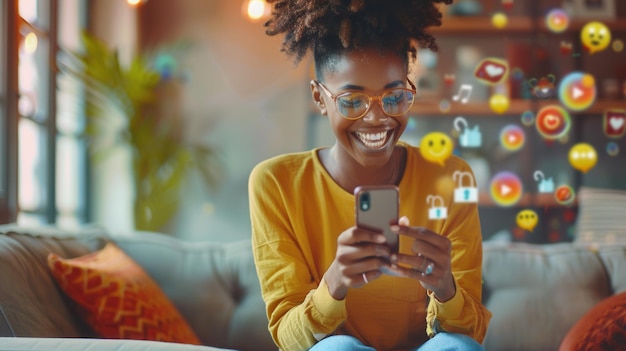 A smiling Black woman uses her smartphone at home surrounded by 3D icons representing social media posts emojis and online shopping Generative AI