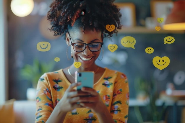 A smiling Black woman uses her smartphone at home surrounded by colorful icons representing social media posts likes and shopping experiences Generative AI